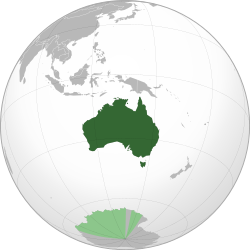 Commonwealth of Australia marked in dark green; Australian territorial claim in Antarctica marked in light green